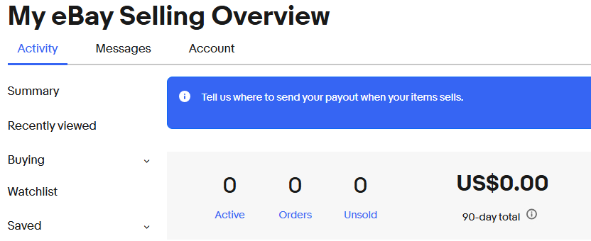 eBay selling overview showing zero active listings, zero orders, zero unsold items, and a 90-day sales total of zero US dollars